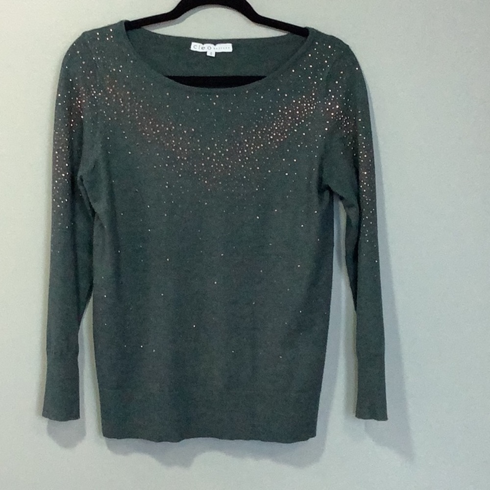 Lovely Green pullover sweater with copper rhinestones Petite Medium